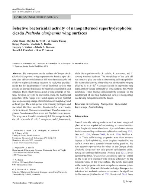 Selective bactericidal activity of nanopatterned superhydrophobic cicada Psaltoda claripennis wing surfaces - Graphical Abstract
